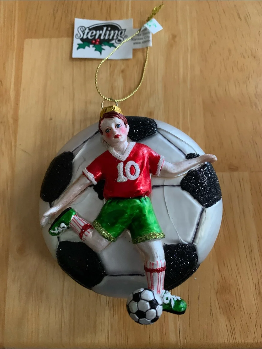 Holiday Soccer Player Ornament in Red, Green and Black